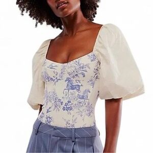 NWOT Free People Intimately Prairie Rose Bodysuit Ivory Blue Puff Sleeve